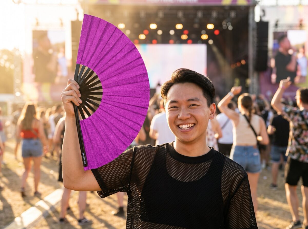 Festival Fans, fialové vějíře s třpytkami pro festivaly a večírky, Zobrazení 3